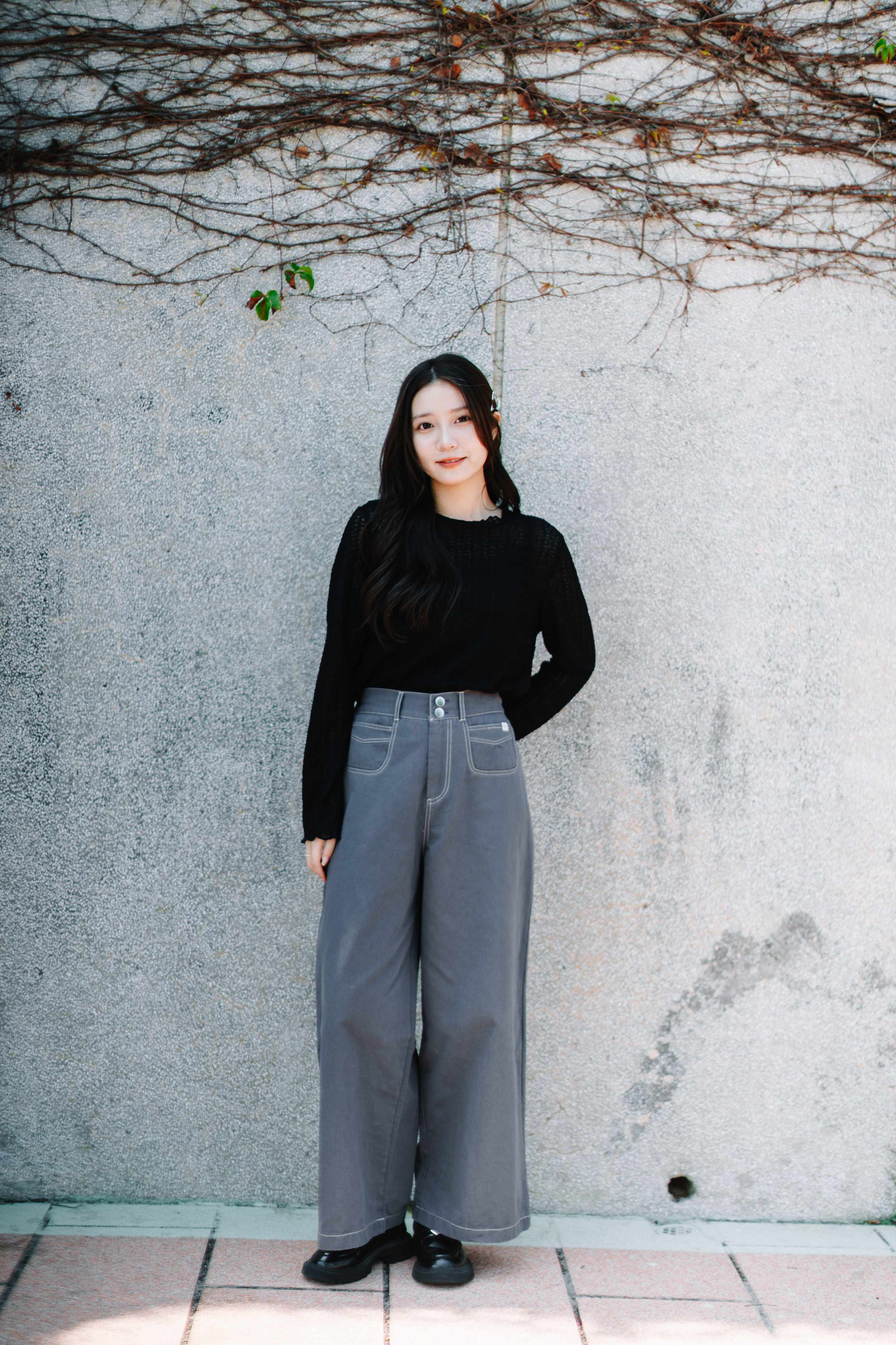 四色 / 明線小圓袋闊腳長褲 / Round Pocket Topstitched Wide-Leg Pants