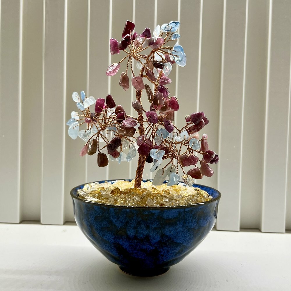 [S] GEMZ & CO HLCT RANDOM CERAMIC BOWL PINK TOURMALINE AND AQUAMARINE TREE, W54 (W54)