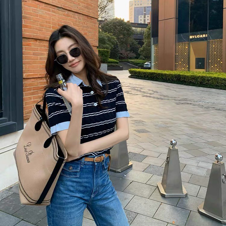 配色POLO領片橫條紋短袖上衣S-L (Elegant & Love)