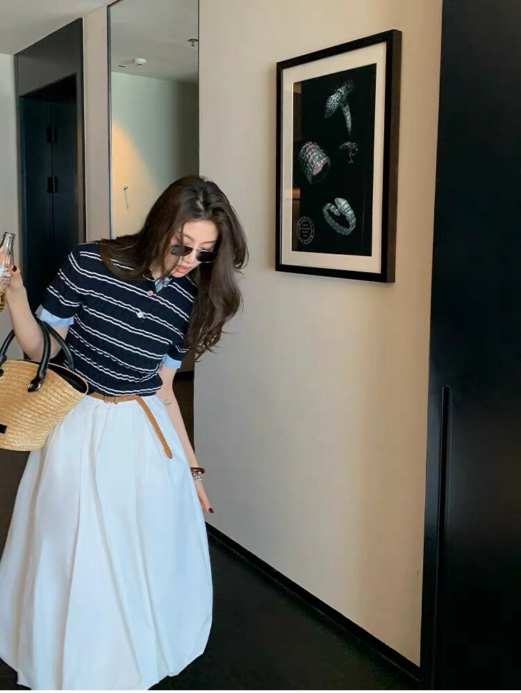 配色POLO領片橫條紋短袖上衣S-L (Elegant & Love)