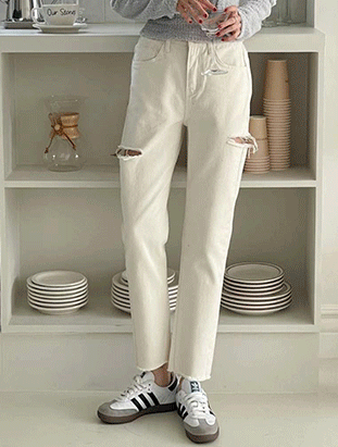 春夏新款/米白大腿割破男友褲 MANIFEST正韓🇰🇷