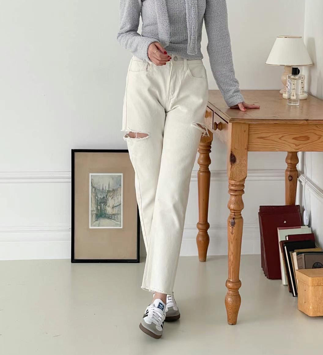 春夏新款/米白大腿割破男友褲 MANIFEST正韓🇰🇷