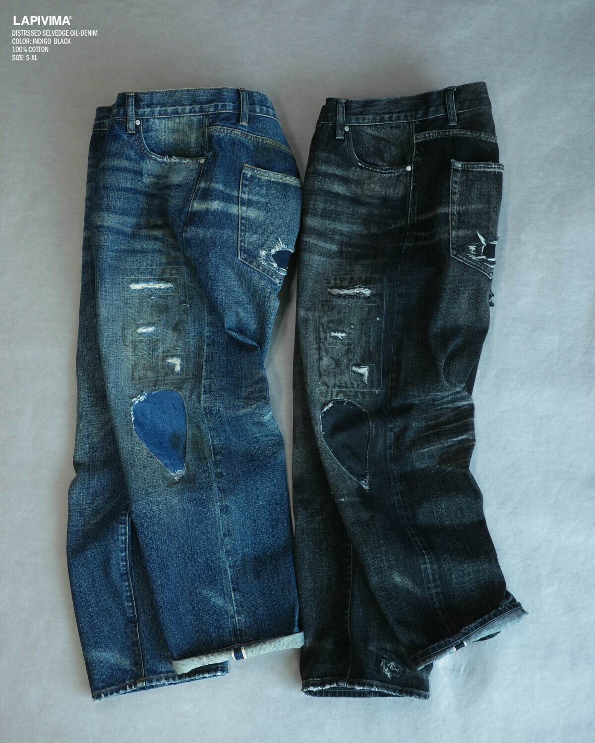 LAPRIMA 油污破壞補丁日本布料牛仔褲