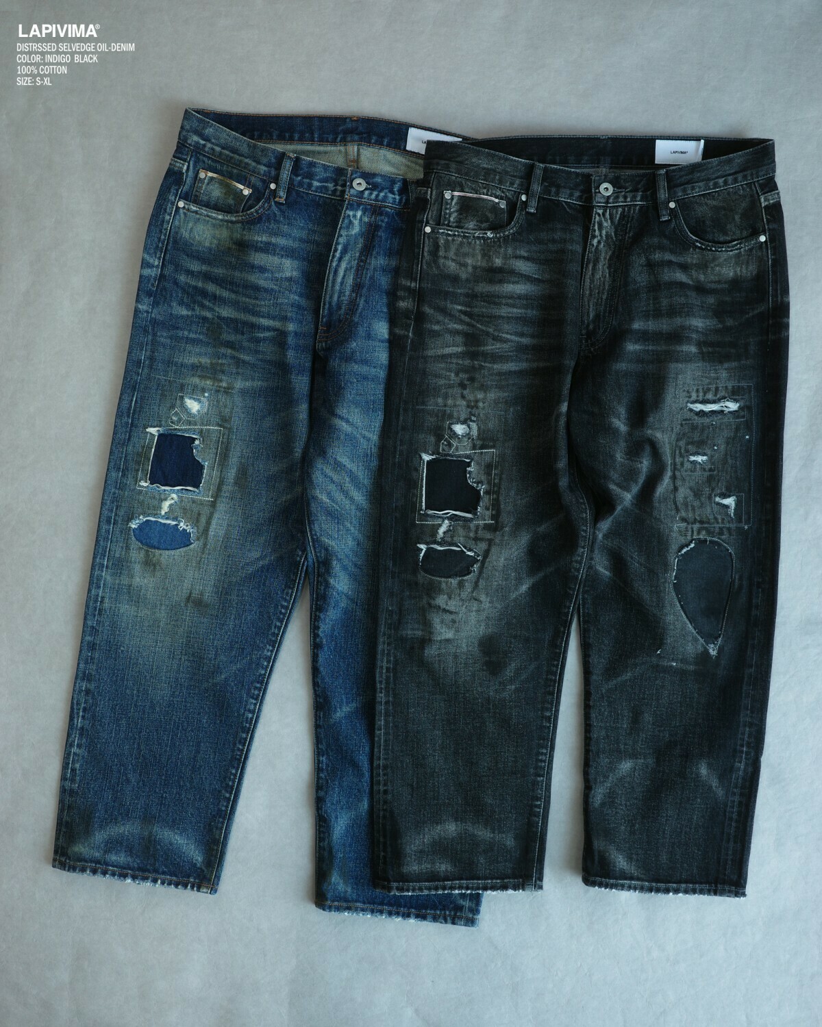 LAPRIMA 油污破壞補丁日本布料牛仔褲