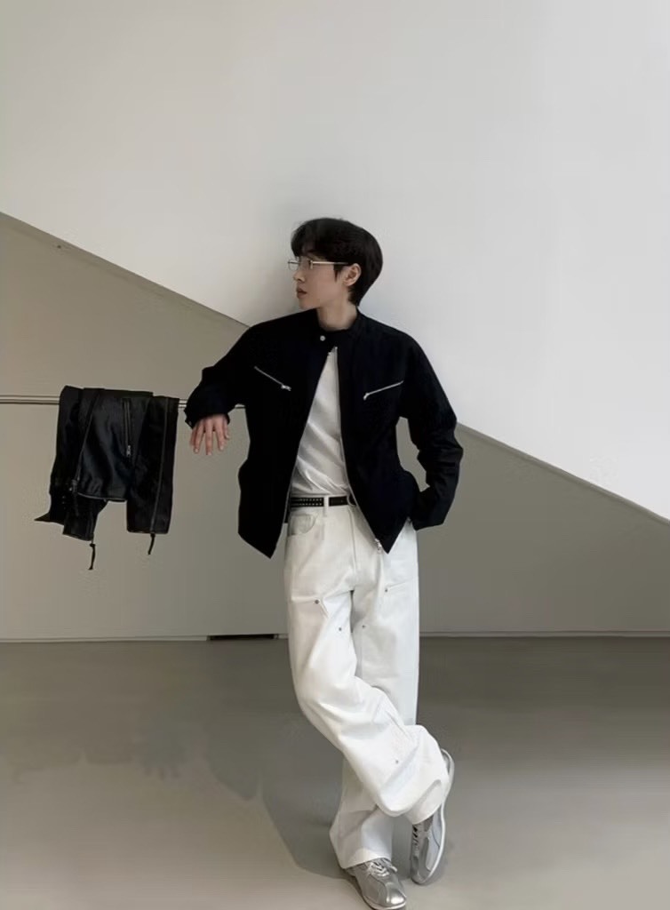 頸扣雙拉鍊風衣外套