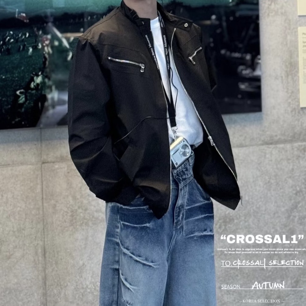 頸扣雙拉鍊風衣外套