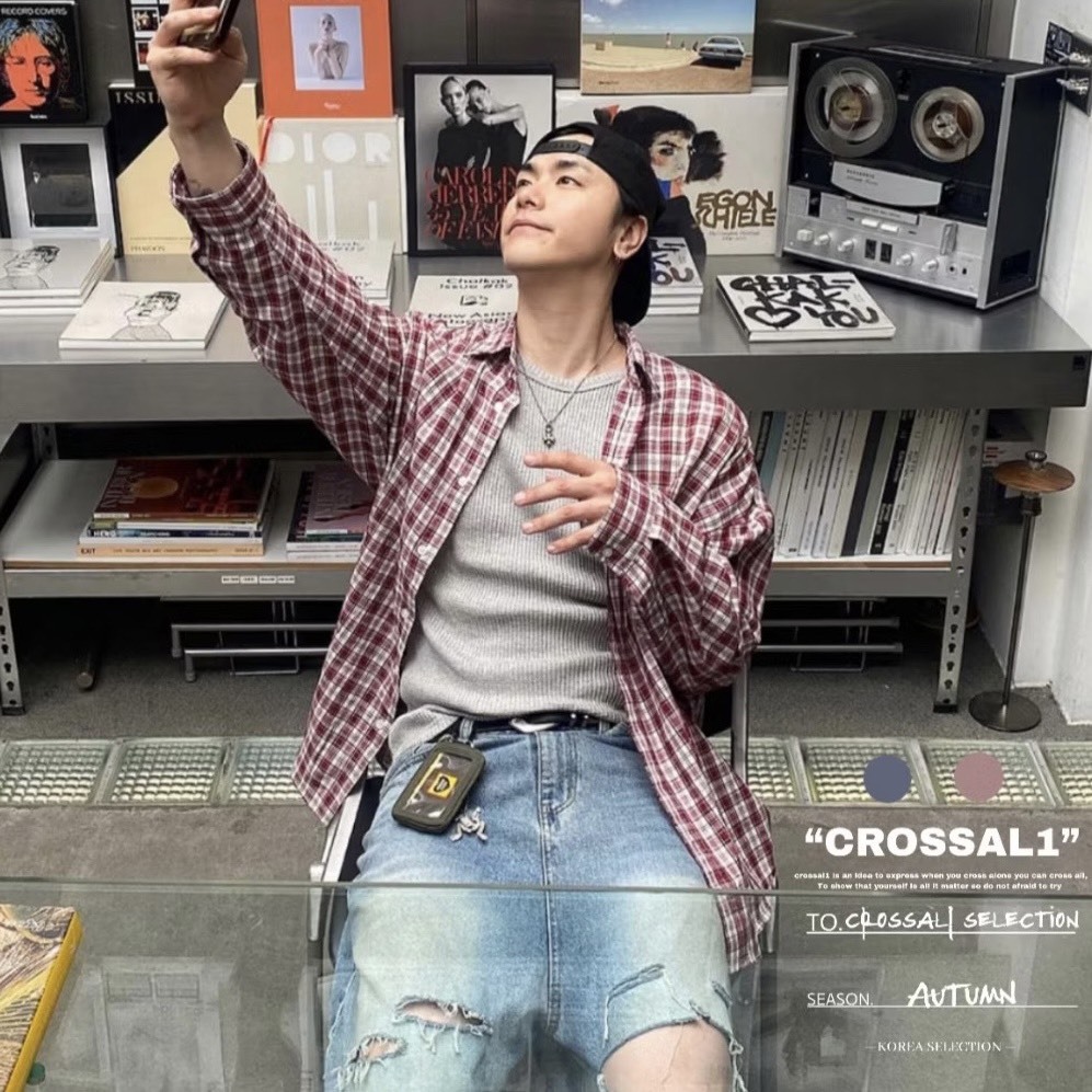 棉麻薄款復古格紋長袖襯衫