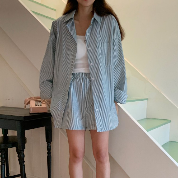 條紋襯衫短褲套裝(二色)