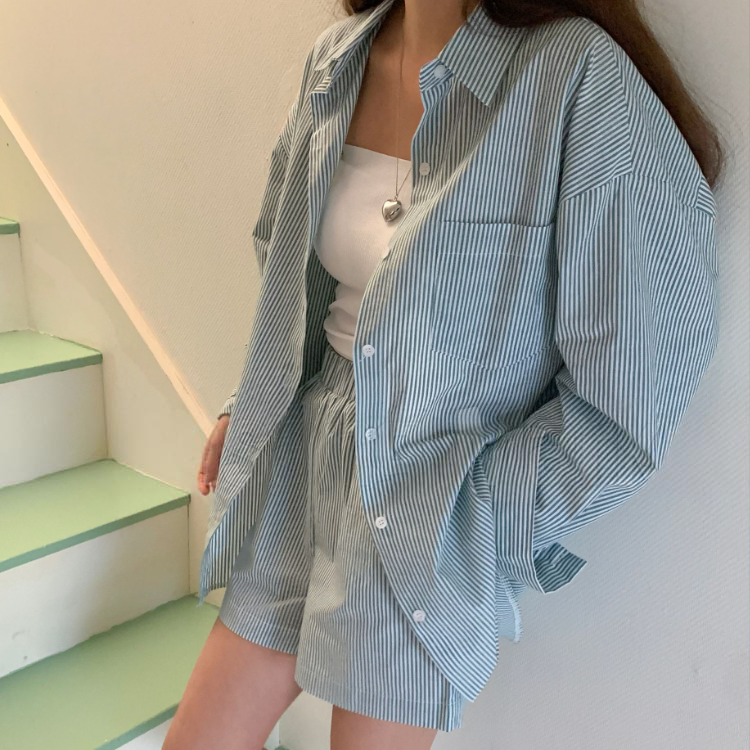 條紋襯衫短褲套裝(二色)