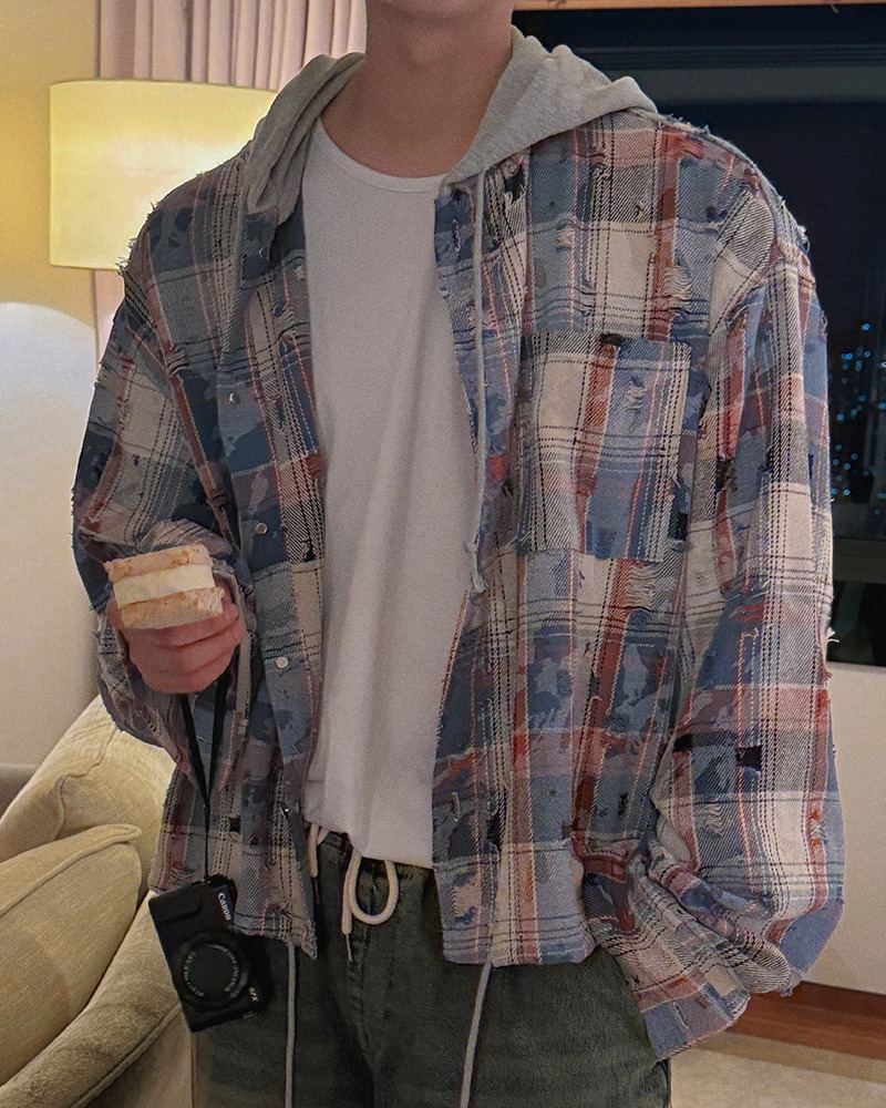 Damage格紋連帽襯衫外套