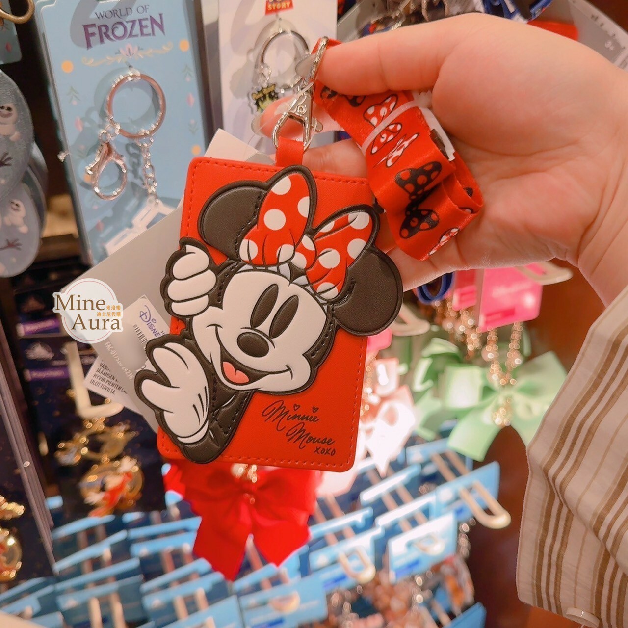 米妮 Minni 半身探頭圖案 紅底 造型 票卡夾 掛繩 -香港迪士尼樂園
