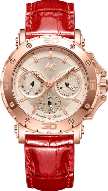 萬年鐘錶 - Alexandre Christie  薔薇紅玫瑰金面盤三眼皮革款女錶 9205BFLRGLNRE  錶徑37MM  (AC 錶)