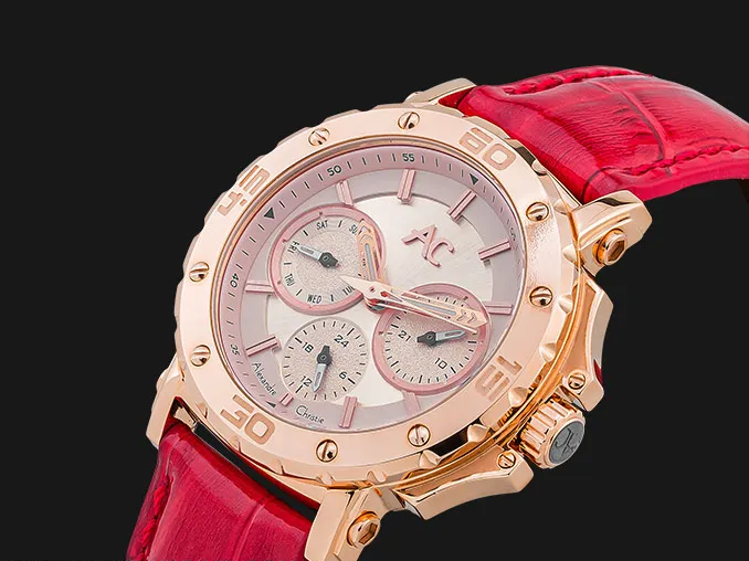 萬年鐘錶 - Alexandre Christie  薔薇紅玫瑰金面盤三眼皮革款女錶 9205BFLRGLNRE  錶徑37MM  (AC 錶)