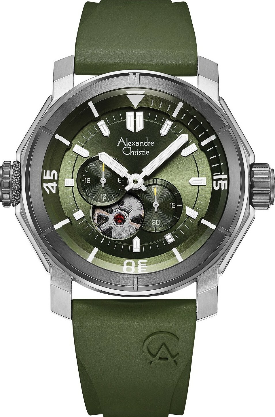 萬年鐘錶 - Alexandre Christie  軍綠色機械FKM橡膠錶帶男錶 6565MARTEGN 錶徑45MM  (AC 錶)