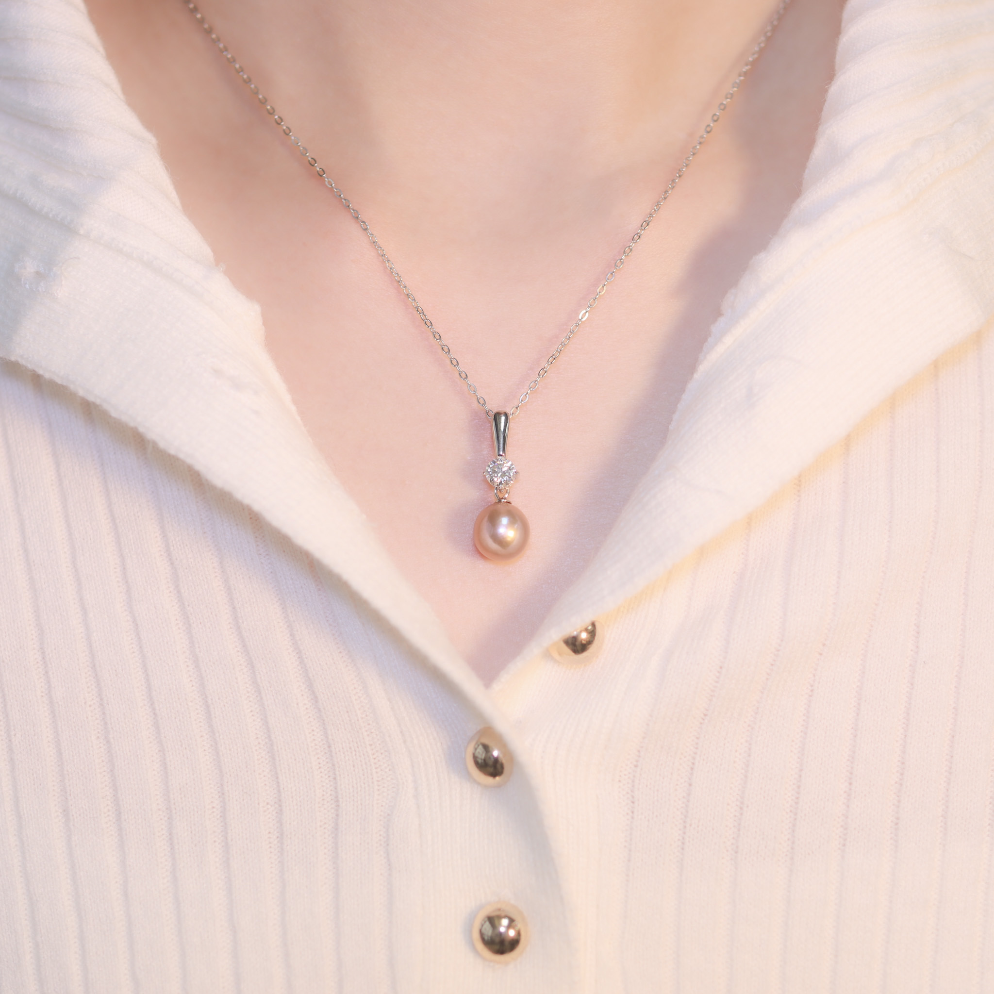 | 925純銀・厚鍍白金・莫桑石・珍珠 | 珍惜你項鍊 | NE1359 |