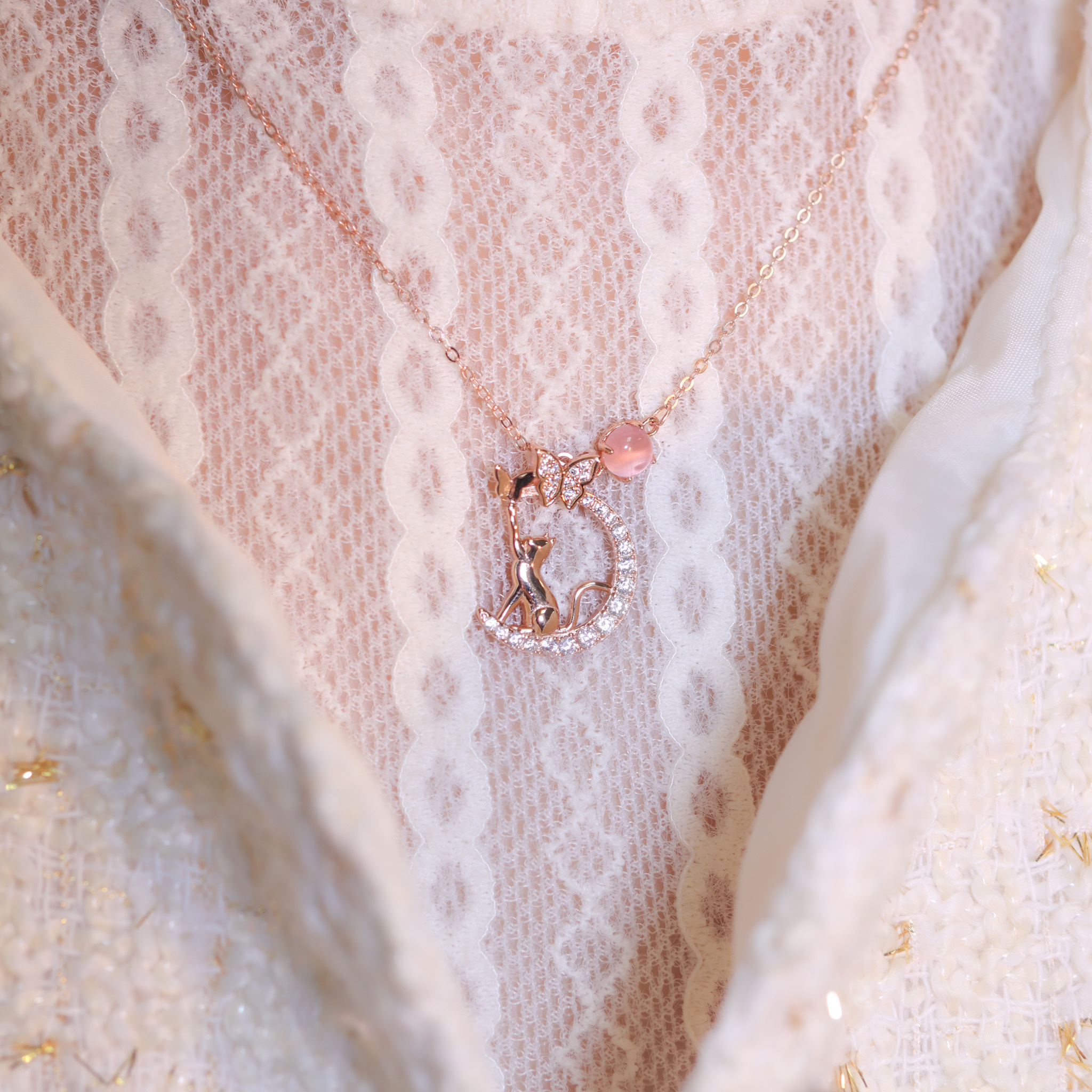 | 925純銀・厚鍍玫瑰金  | 花漾小喵趣項鍊 | NE1364 |