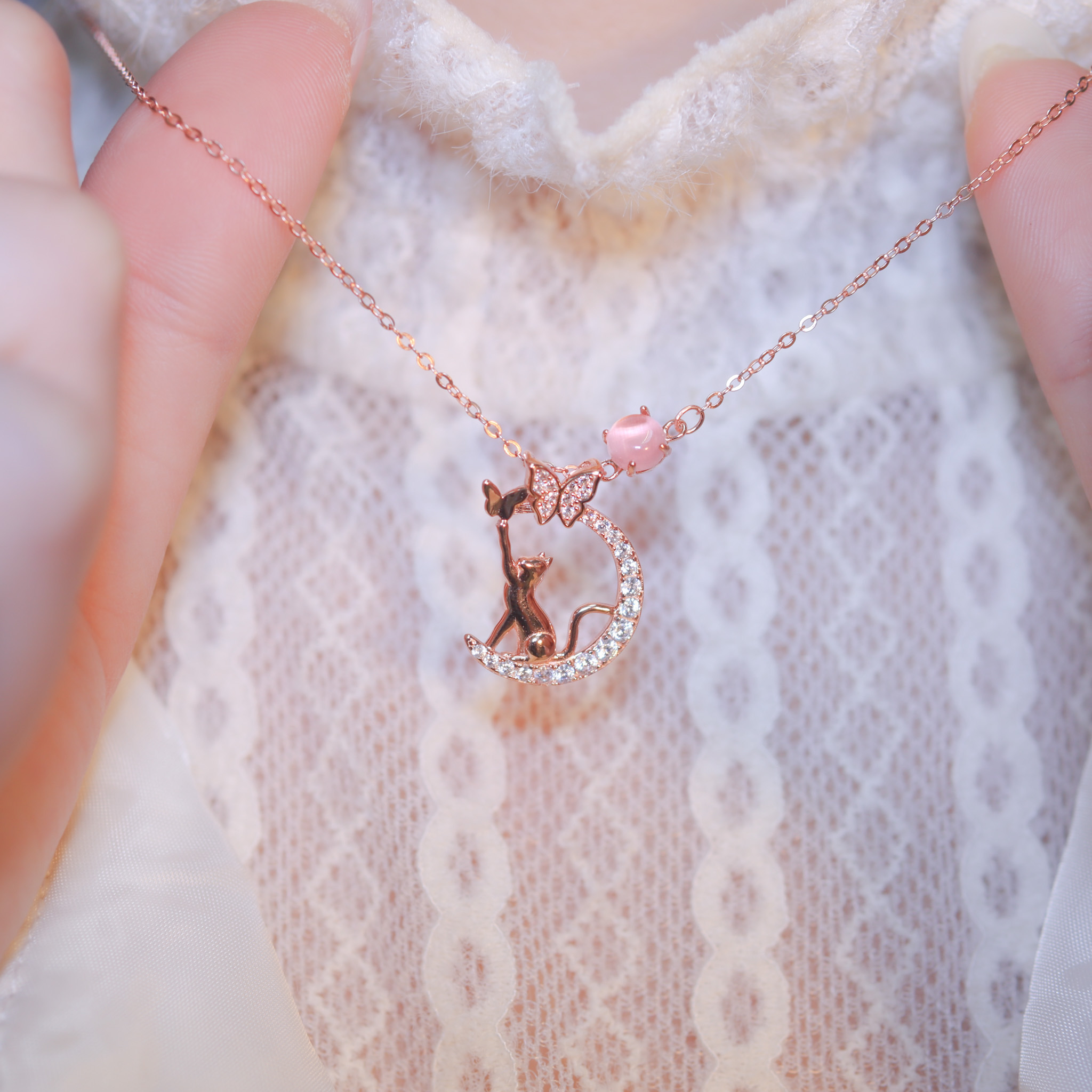 | 925純銀・厚鍍玫瑰金  | 花漾小喵趣項鍊 | NE1364 |