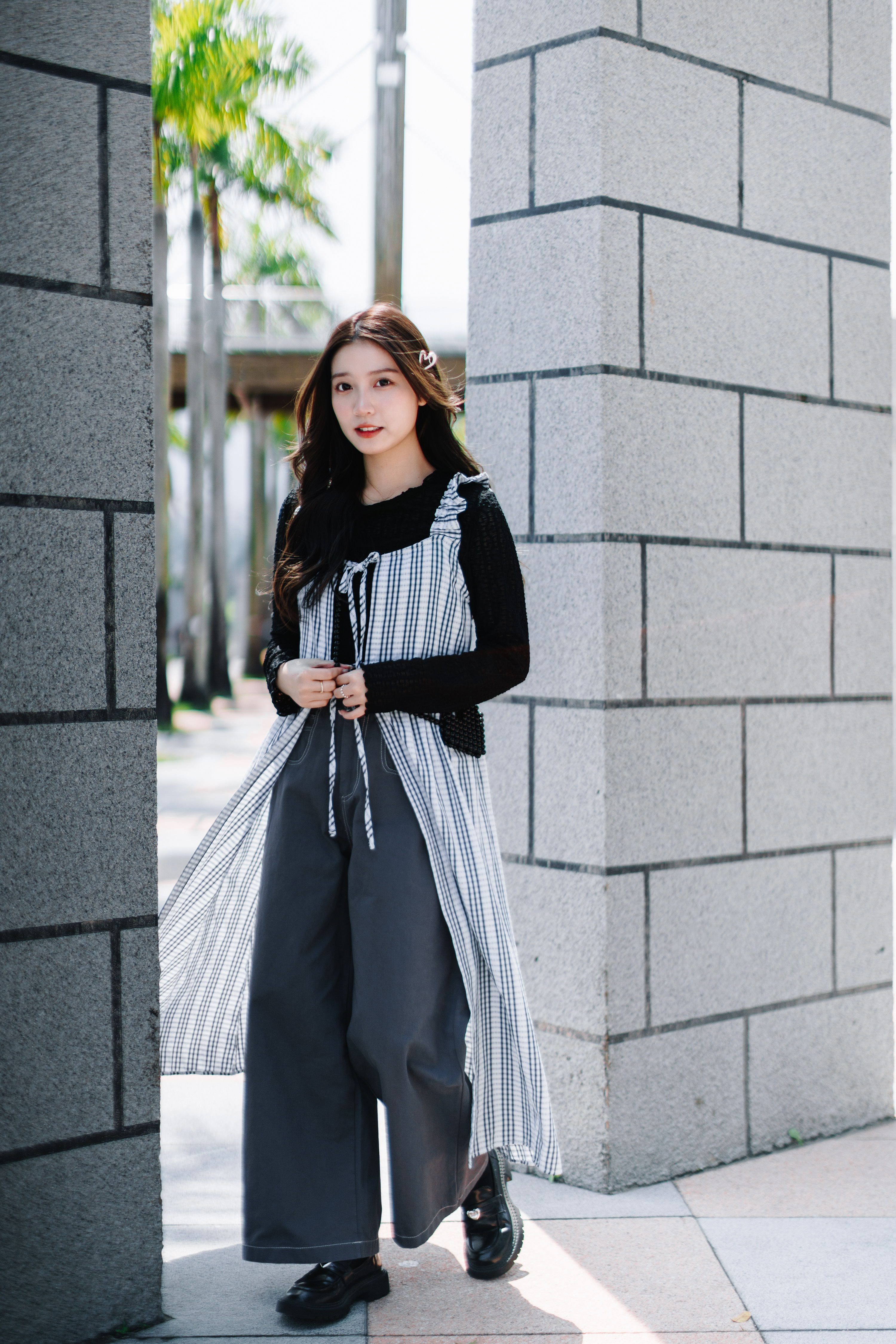 三色 / 格子荷葉肩帶雙綁帶長背心 / Plaid Ruffle Double Tied Long Vest