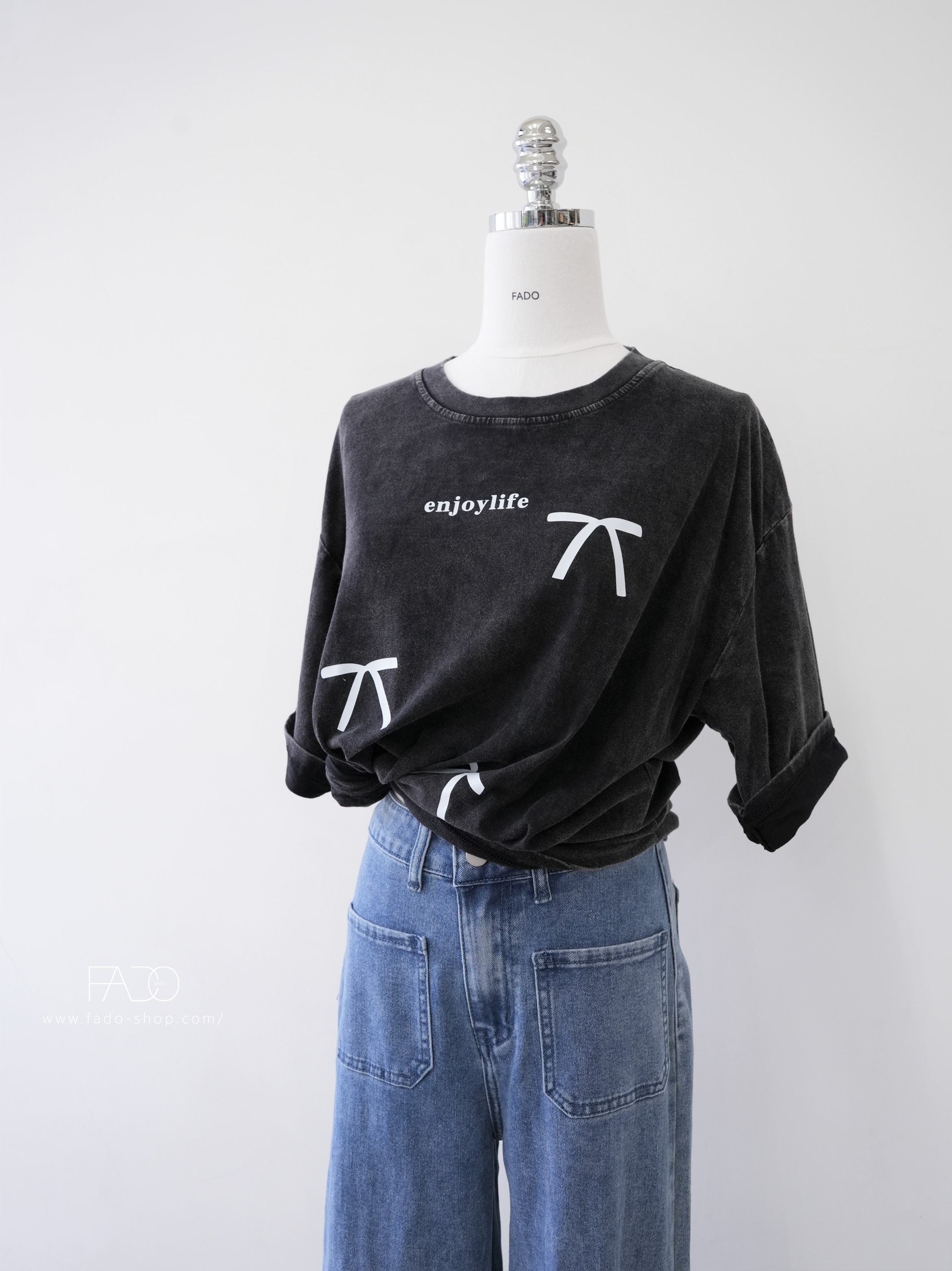 法朵Fado shop｜ 蝴蝶結印刷水洗長板棉T 0213058