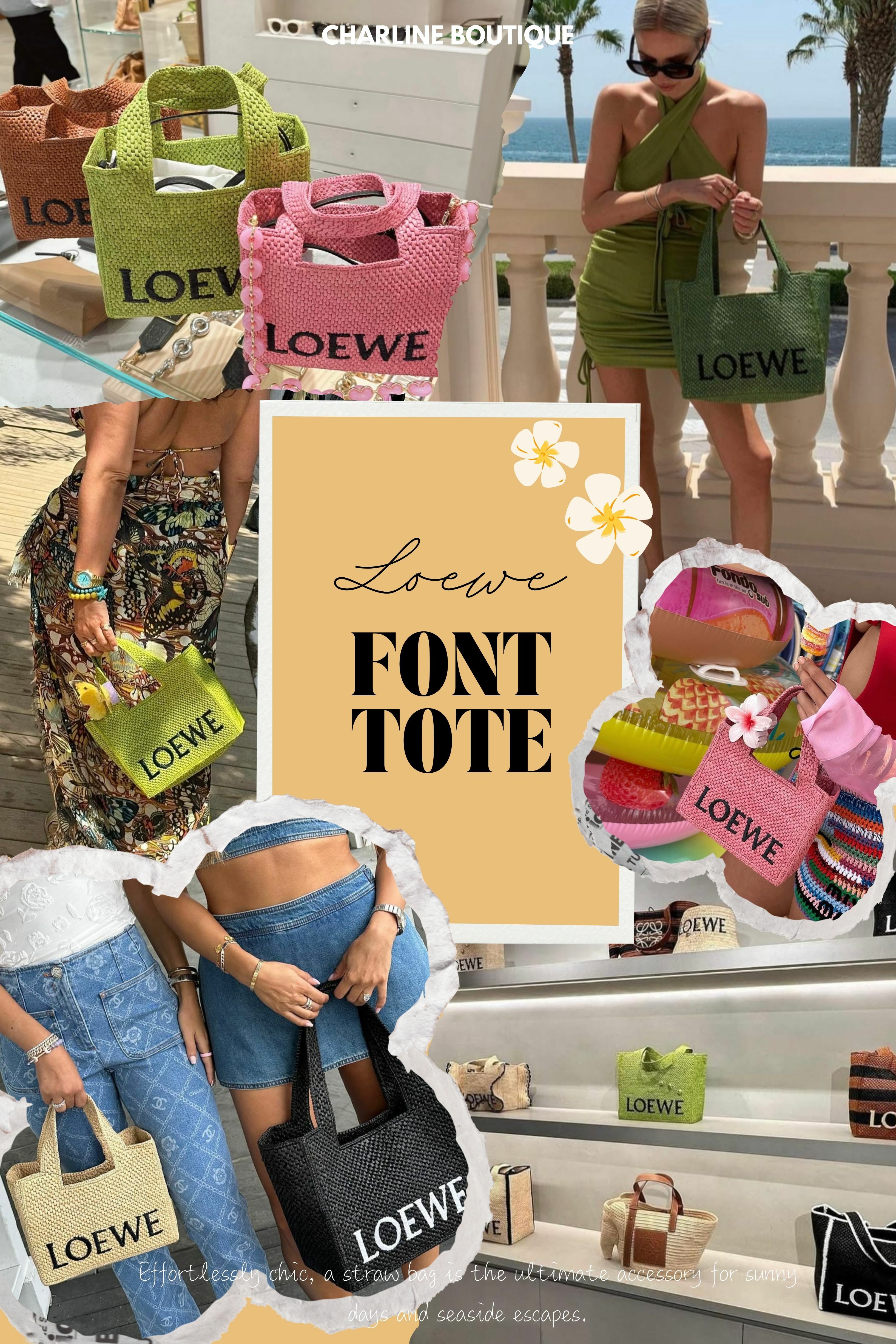 最後壓軸的是Loewe的Font Tote系列，幾乎可以說是草編包界的代名詞。極簡的造型搭配醒目的Loewe Logo，草編與帆布的拼色滾邊設計，讓它無論搭配什麼風格都能成為焦點。從Mini到Large四種尺寸，涵蓋了日常出門到公事包的所有需求。不管是週一的職場穿搭還是週日的休閒時光，這款包都能無縫融入，實用性與時尚感拿捏得恰到好處。如果你正在尋找一款不挑場合又能提升氣場的草編包，Loewe絕對是首選。