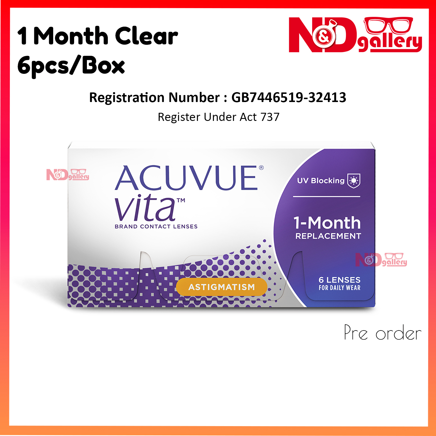 ACUVUE® VITA™ for ASTIGMATISM 6pcs/Box 1Month Clear contact Lens (Toric) ( Pre-Order)