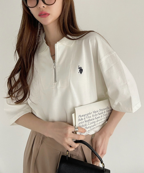 日本🇯🇵連線 U.S. POLO ASSN. 半拉鍊立領短T 寬鬆 落肩 5分袖 5色(任買兩件711免運)/預購