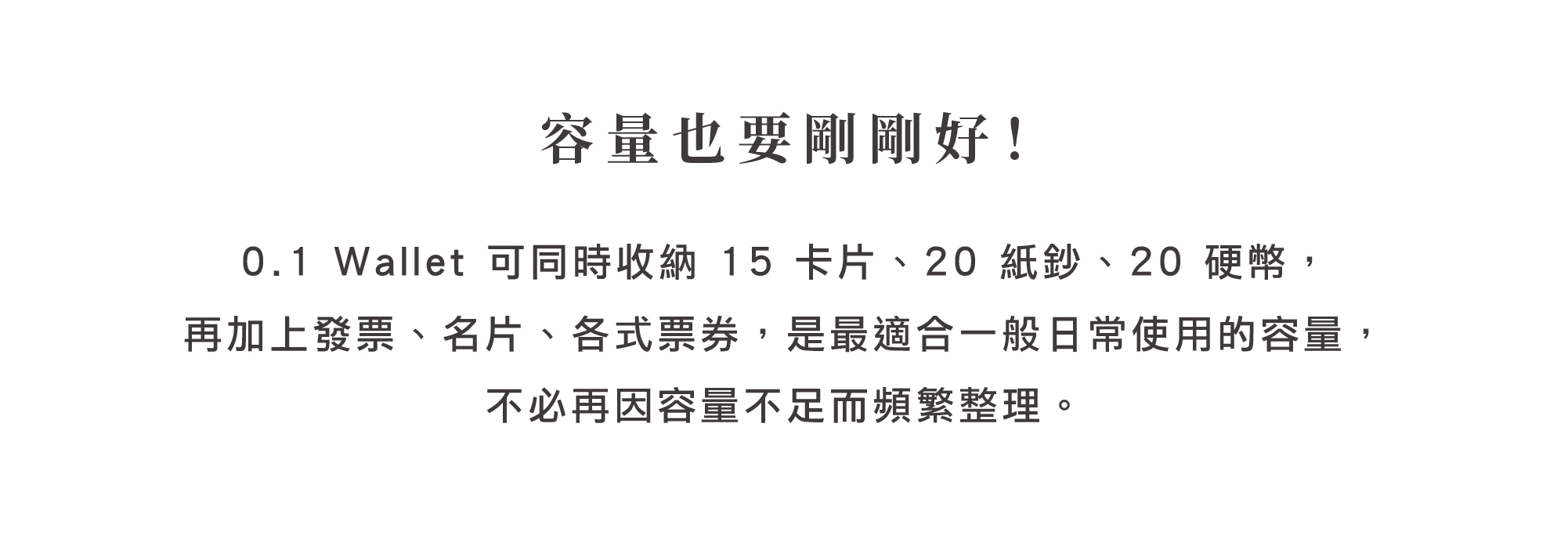 HANKMAX 0.1 Wallet 容量說明文字圖：強調可收納 15 卡、20 鈔、20 幣與其他票券，是剛好的日常使用容量。