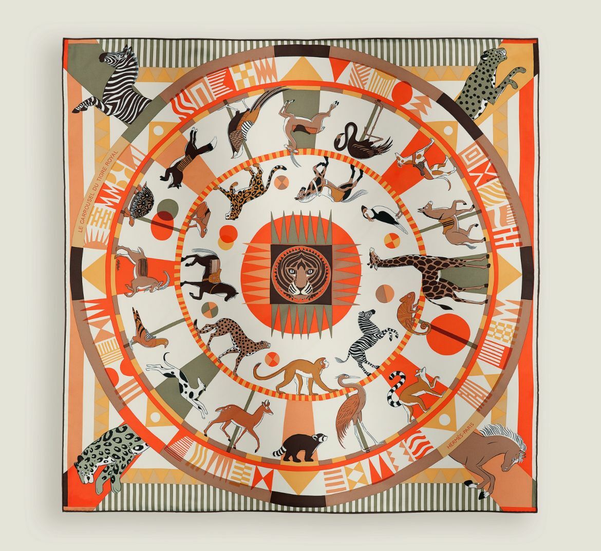 Le carrousel du tigre royal orange / blanc / cacao scarf 100%soie 90x90cm