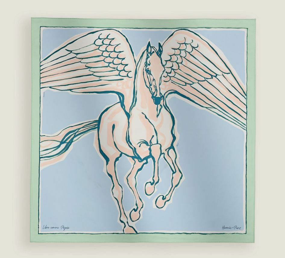 Libre Comme Pegase vert d'eau / bleu ciel / rose nacre scarf 100%&nbsp;soie&nbsp;90x90cm