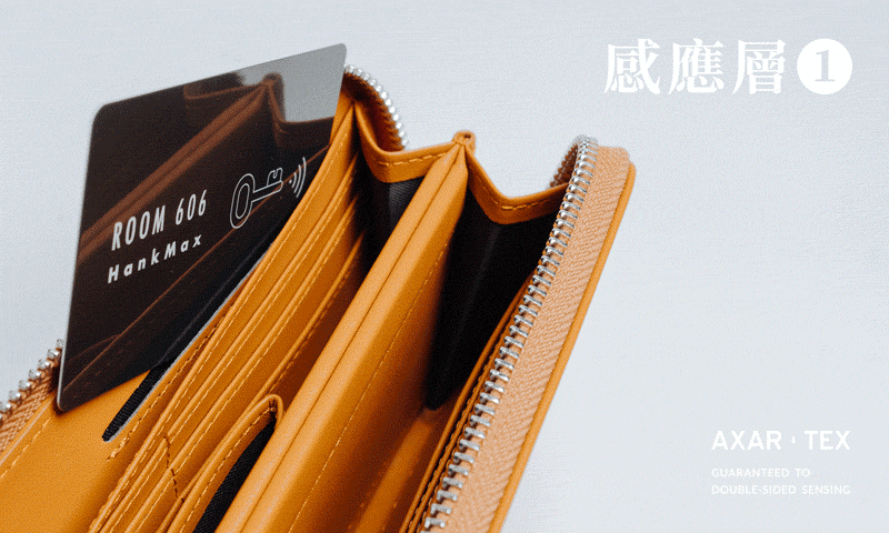 HANKMAX 0.1 wallet 長夾動畫：示範將感應卡片（如信用卡或悠遊卡）分別放入位於左右兩側的獨立雙面感應收納區 1 與 2