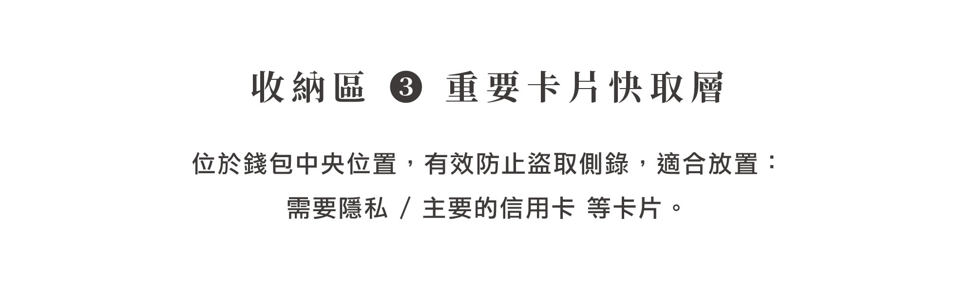 HANKMAX 0.1 Wallet 長夾介紹位於中央的收納區 3，此重要卡片快取層具防盜錄功能，適合安全存放信用卡等隱私卡片。
