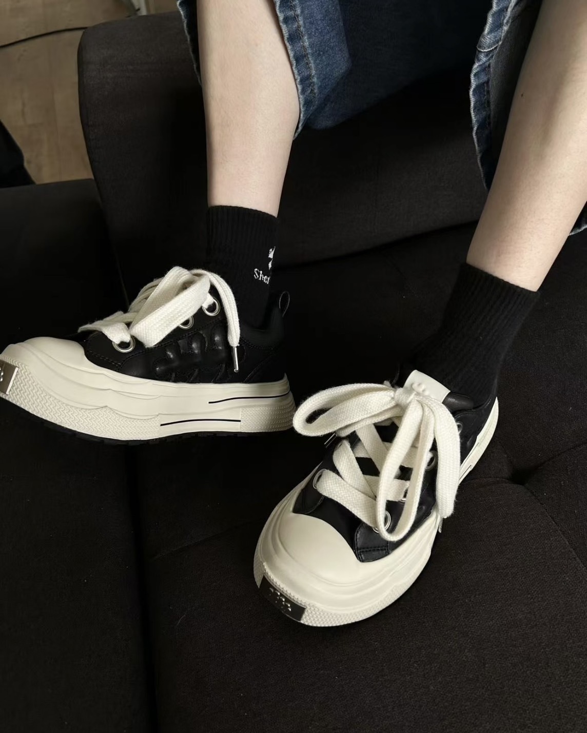 <有夠帥>Shoot Brand 復古 解構 皮革 梅花 厚底 增高 板鞋 皮革黑