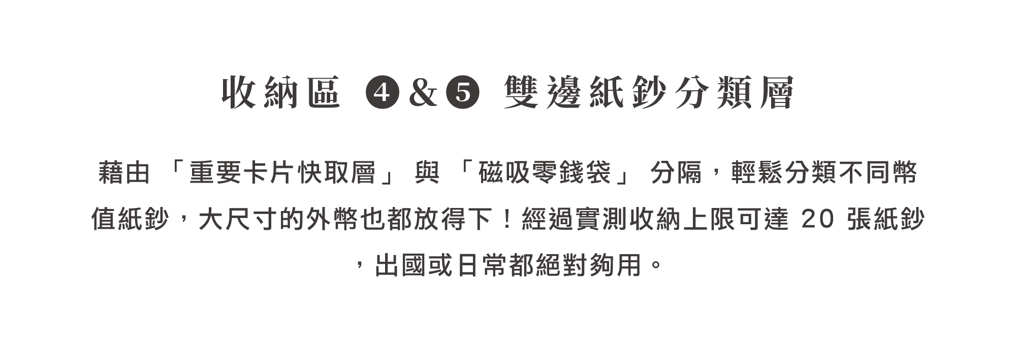 HANKMAX 0.1 Wallet 長夾介紹收納區 4 與 5：此雙邊紙鈔分類層方便整理不同幣值鈔票與外幣，總容量達 20 張。