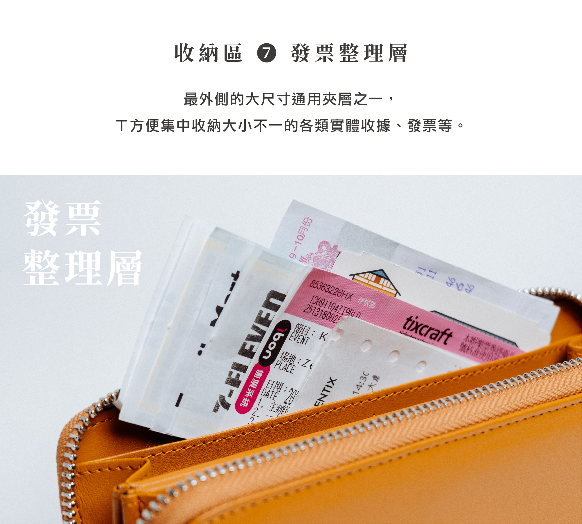 HANKMAX 0.1 Wallet 長夾特色介紹發票整理層（收納區 7），位於外側的大尺寸夾層方便集中收納各式發票、收據及票根。