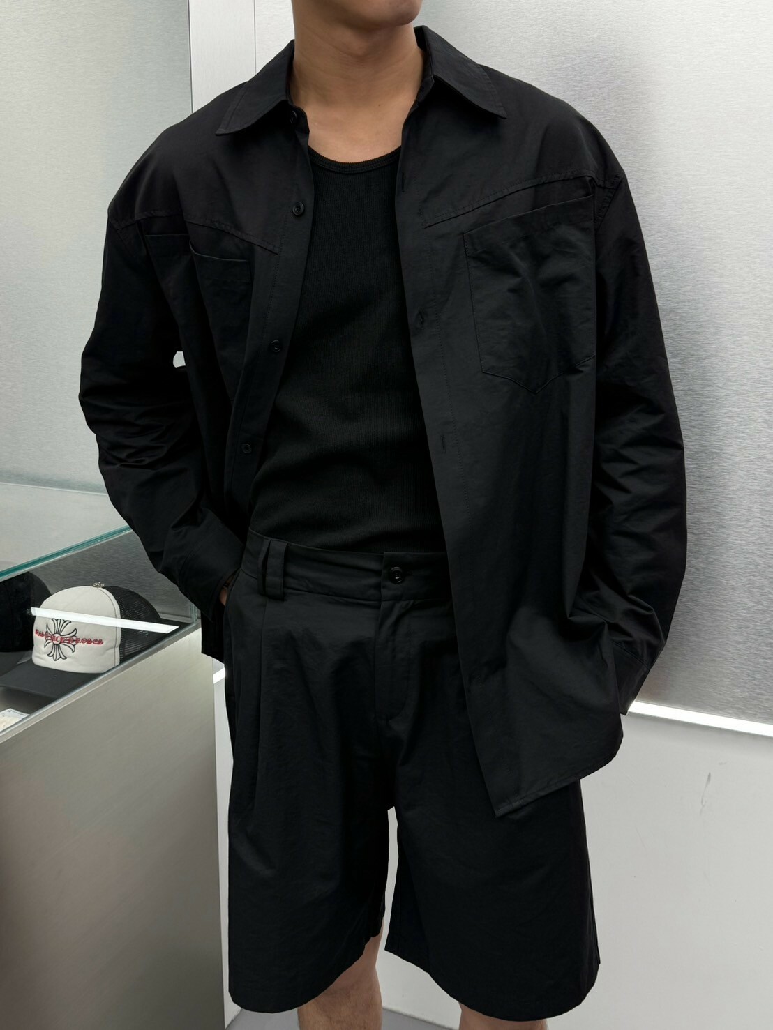 立體感折線長袖襯衫/短褲 套裝(三色)