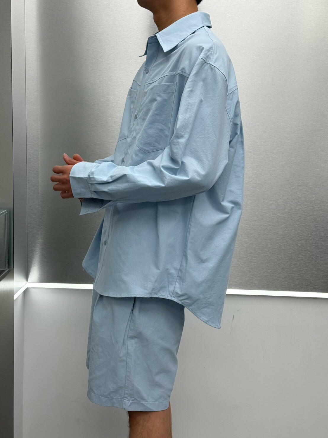 立體感折線長袖襯衫/短褲 套裝(三色)