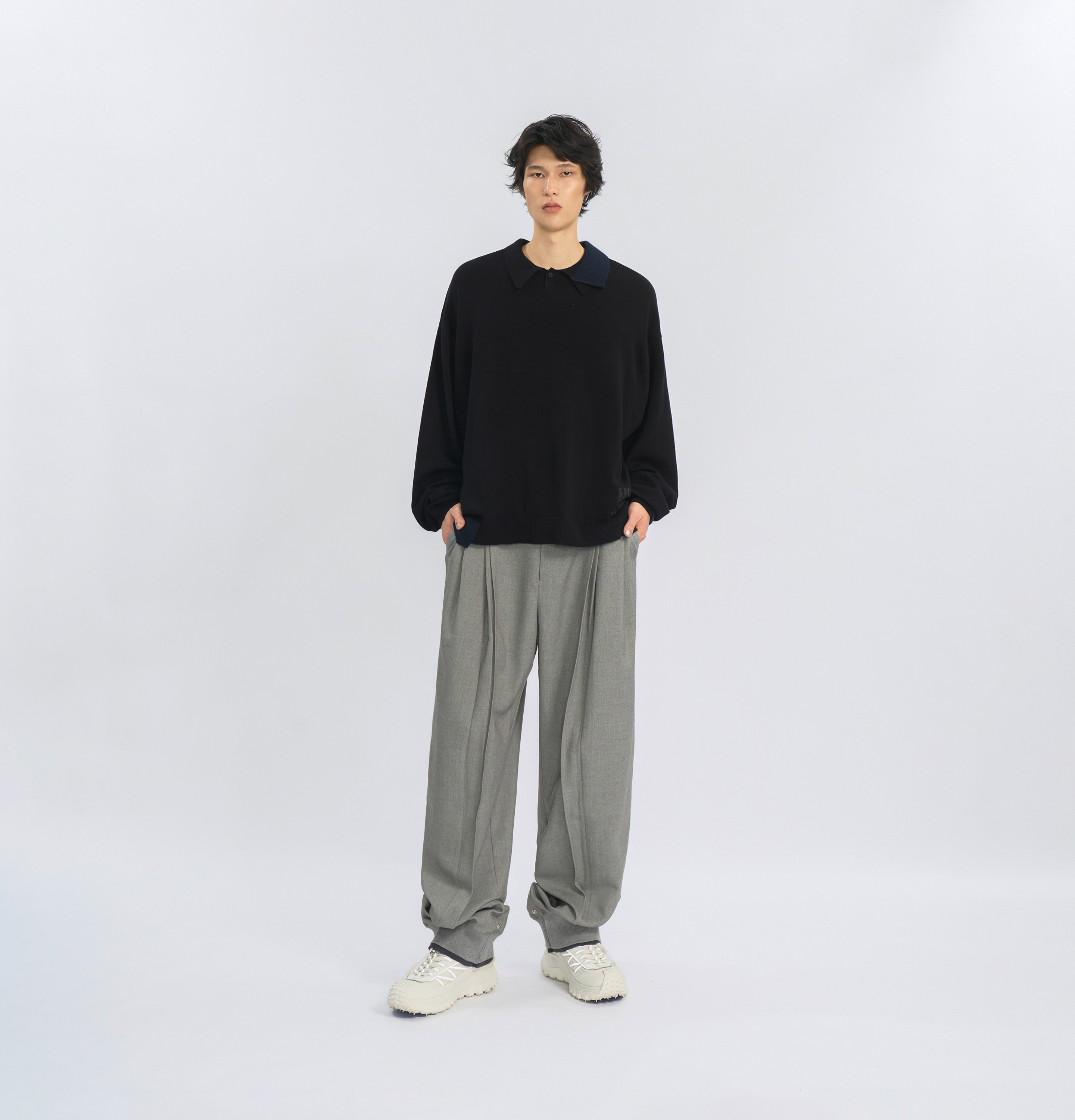 MELSIGN - Off-balance Knit Polo Shirt - Black