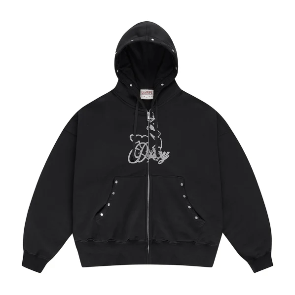 LUSIVE WORKSHOP 鉚釘“DESTROY”印花拉鍊連帽衫 (黑色)