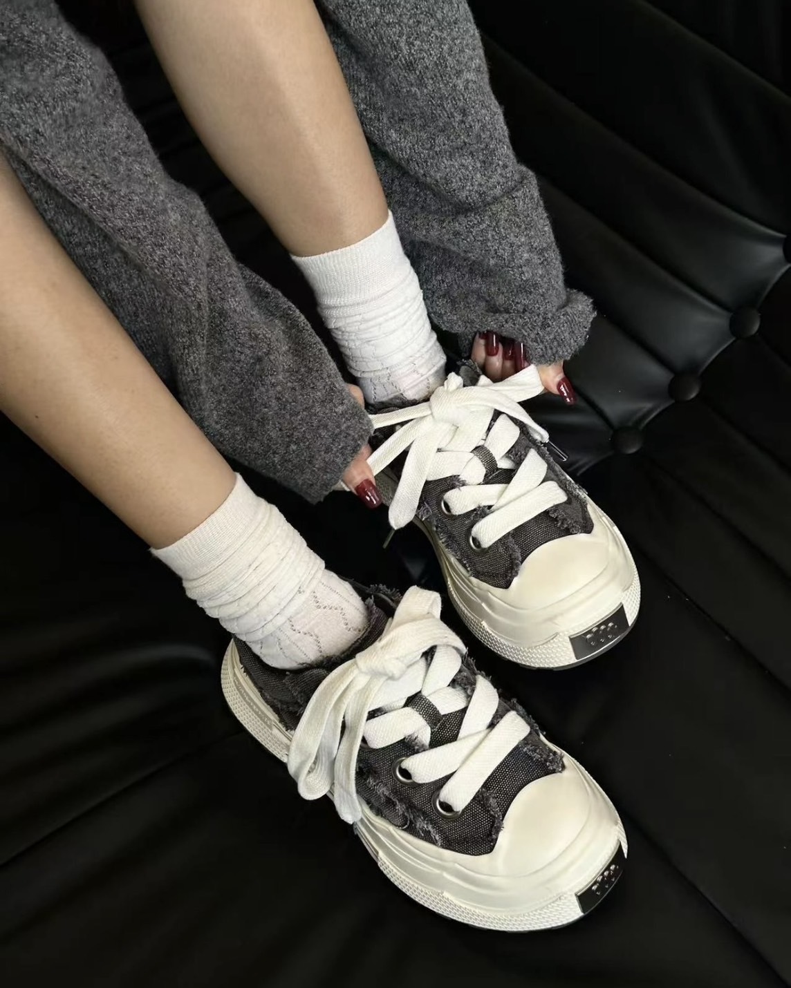 【現貨】Shoot Brand 復古 解構 梅花 厚底 不修邊 水洗 增高 板鞋 牛仔深灰