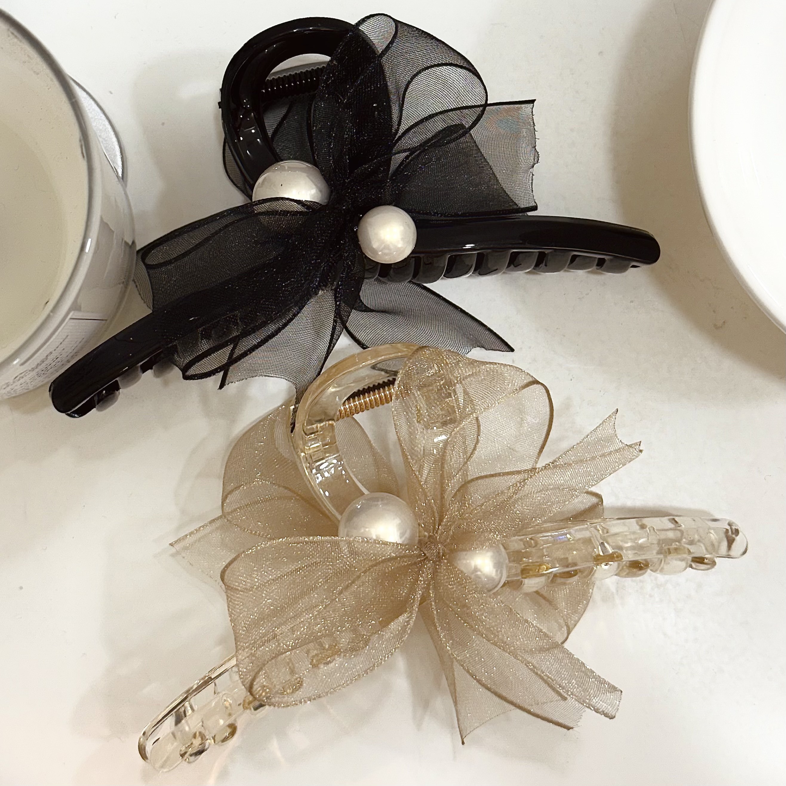 K09珍珠網紗蝴蝶結鯊魚夾