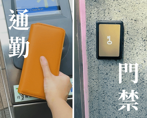 HANKMAX 0.1 wallet 長夾雙面感應應用動畫（分割畫面）：左側演示直接感應捷運閘門通勤，右側演示感應門禁系統，展現免抽卡直接刷的便利性。
