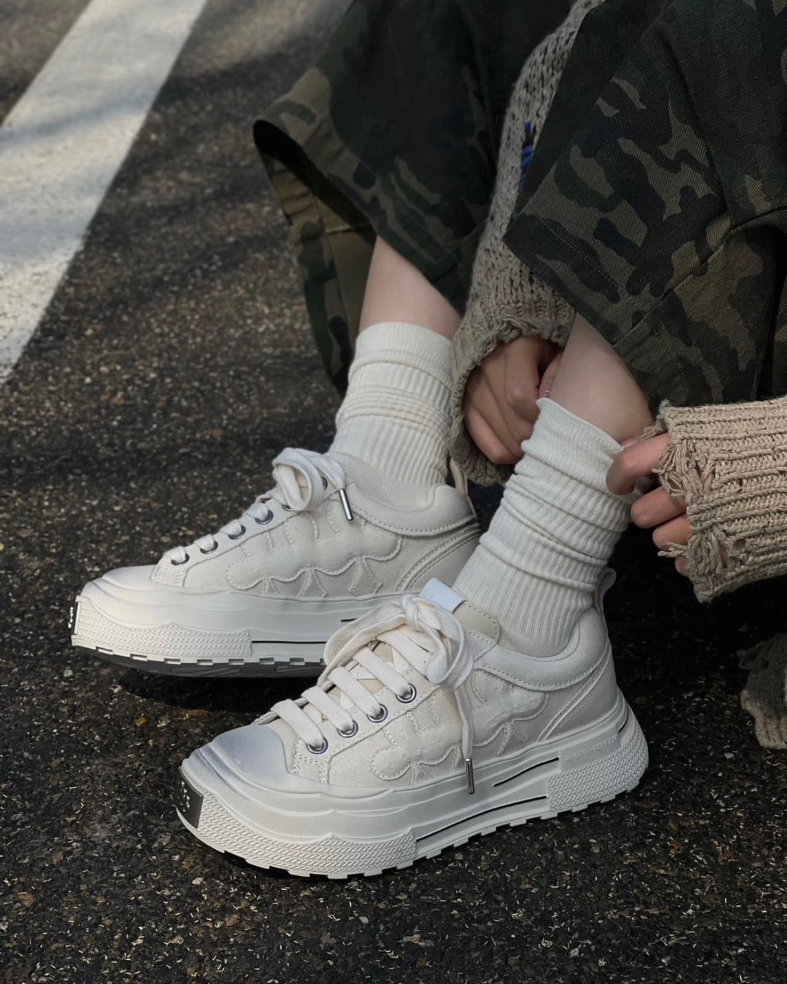 <帥爛😎>Shoot Brand 復古 解構 帆布 做舊 梅花 厚底 增高 板鞋 做舊米白