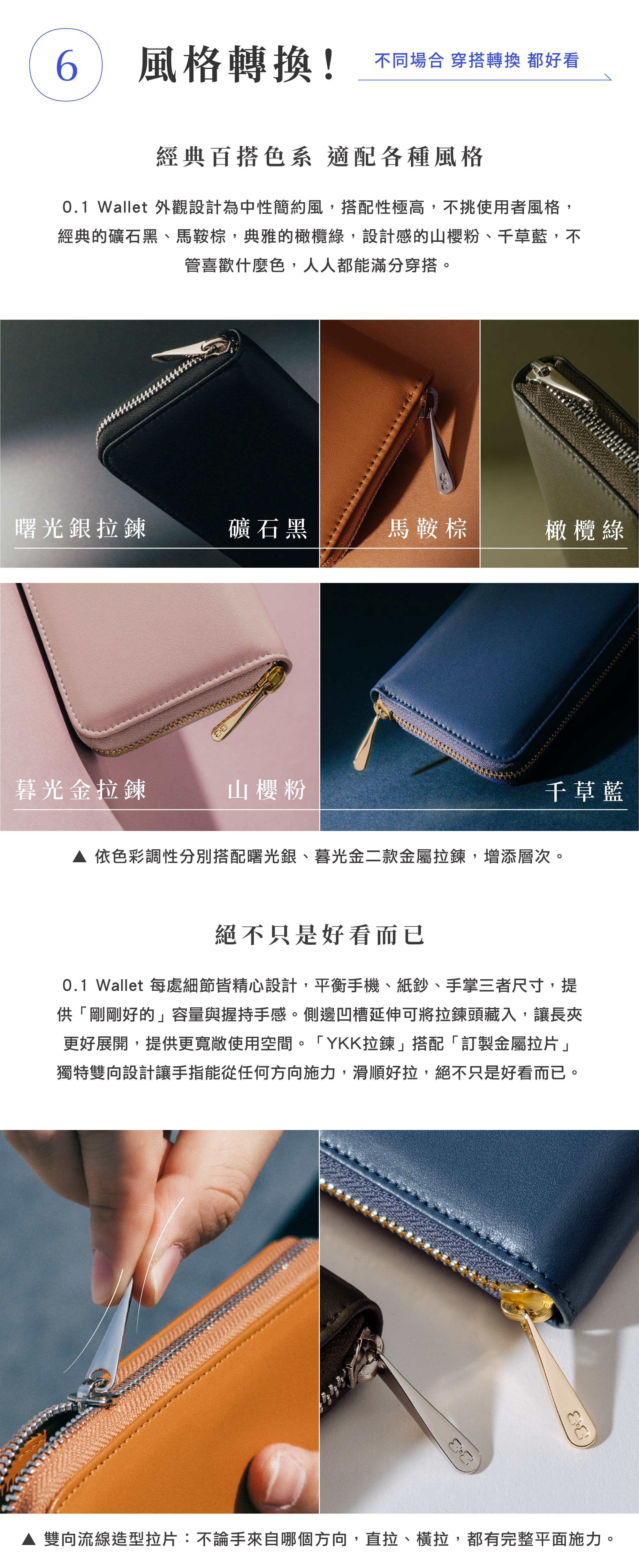 HANKMAX 0.1 Wallet 長夾風格與細節：展示礦石黑、馬鞍棕、橄欖綠、山櫻粉、千草藍五色，強調中性簡約百搭風格，並介紹 YKK 拉鍊與獨特雙向拉片等設計巧思。