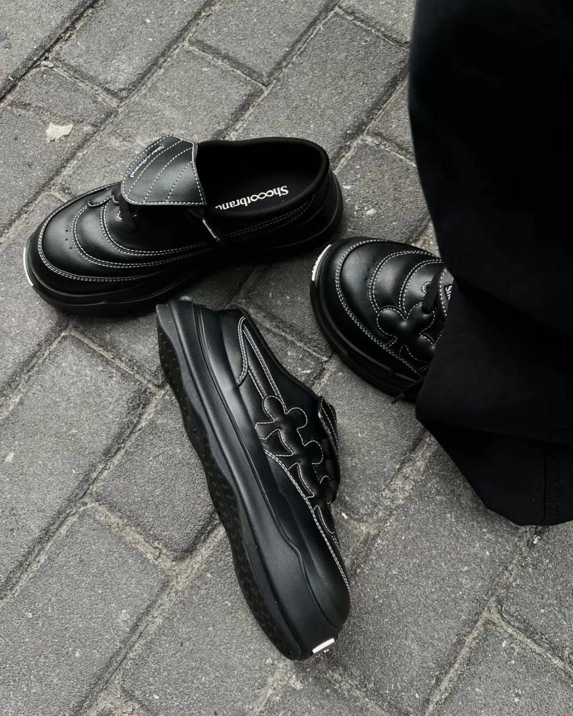 【現貨】Shoot Brand Random 復古 皮革 梅花 半拖勃肯鞋 厚底 皮革黑