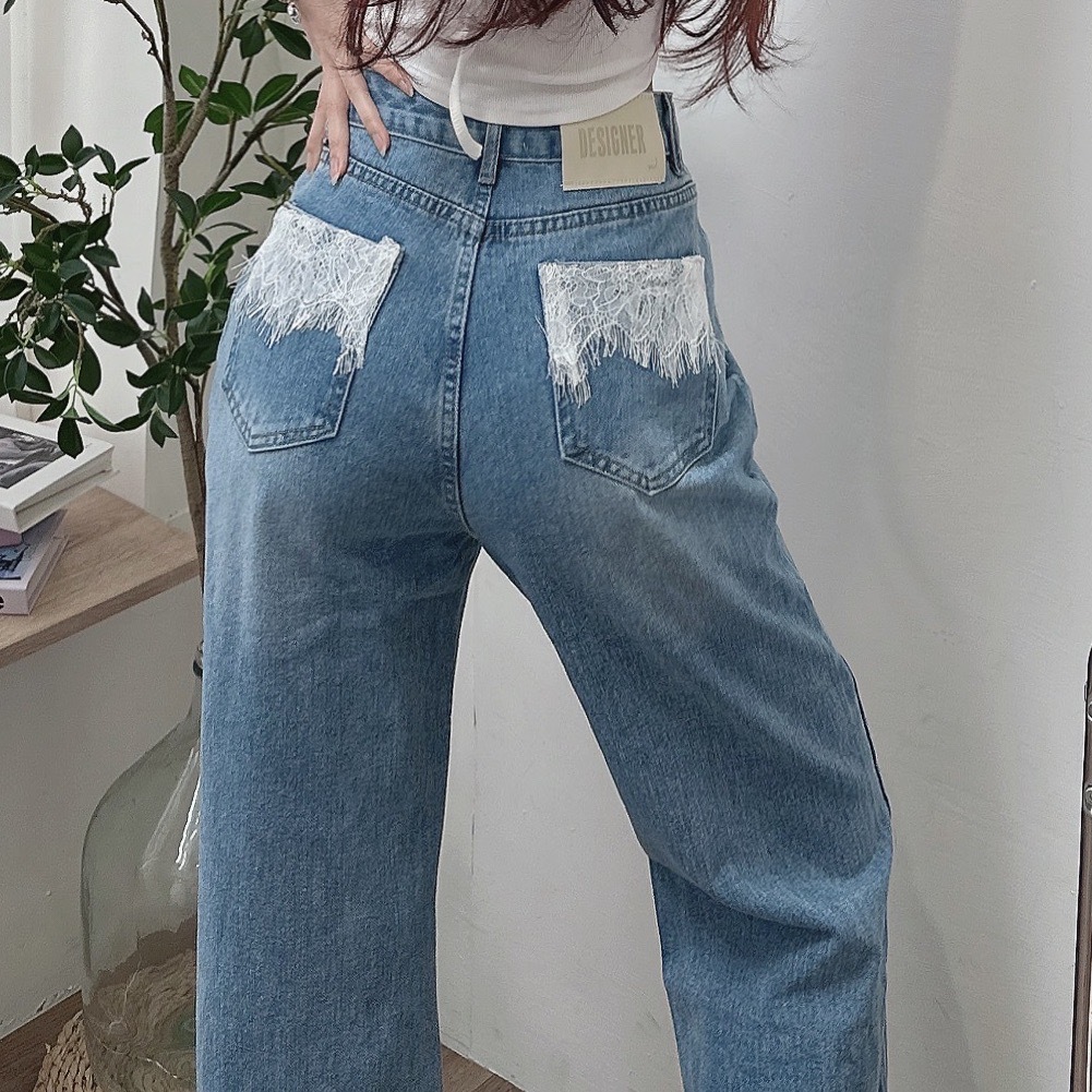 蕾絲口袋牛仔寬褲/單一色