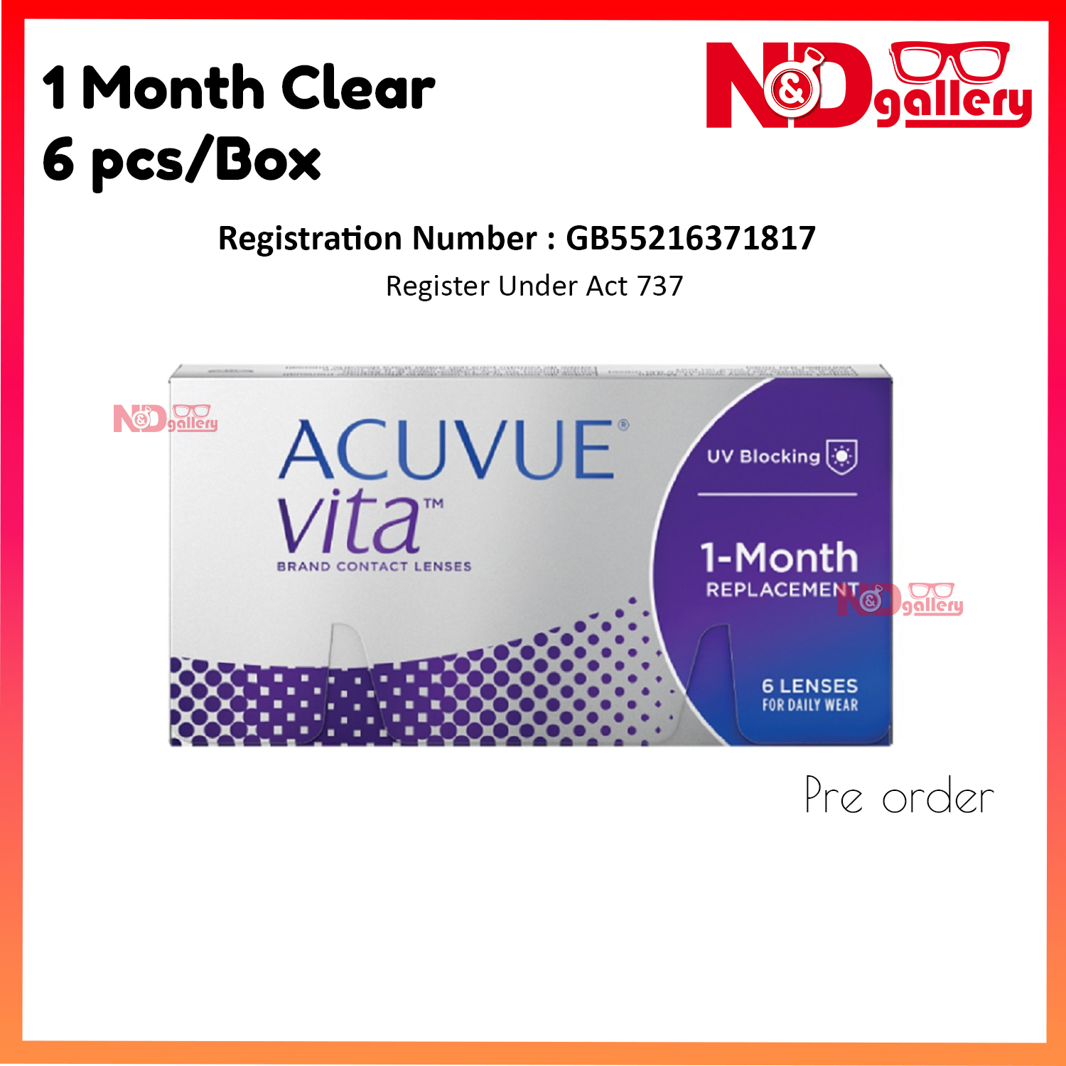 Acuvue Vita , 1 Month Clear Contact lens 6pcs/Box (-0.50 to -12.00)