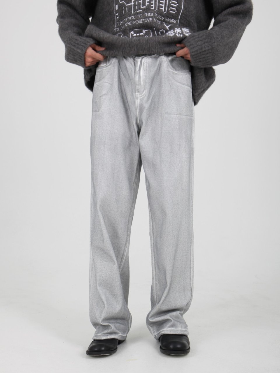 (韓國獨家特價)刷銀漆直筒牛仔褲