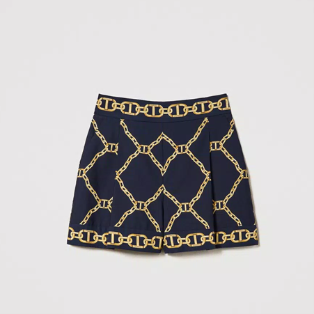 1TS0402-104 TWINSET Poplin Shorts With Chain Print Blue Edge Chain Mix Print #241TP2731 (C-EU-E)
