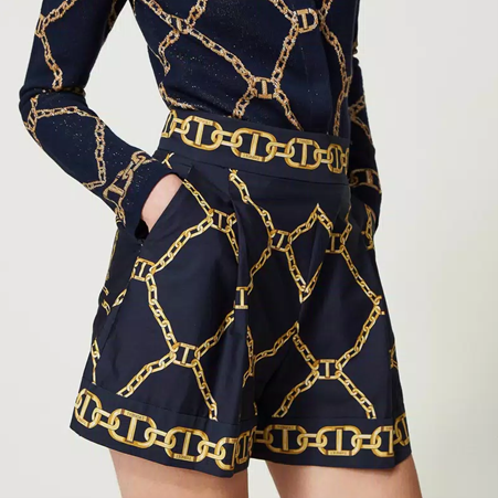 1TS0402-104 TWINSET Poplin Shorts With Chain Print Blue Edge Chain Mix Print #241TP2731 (C-EU-E)