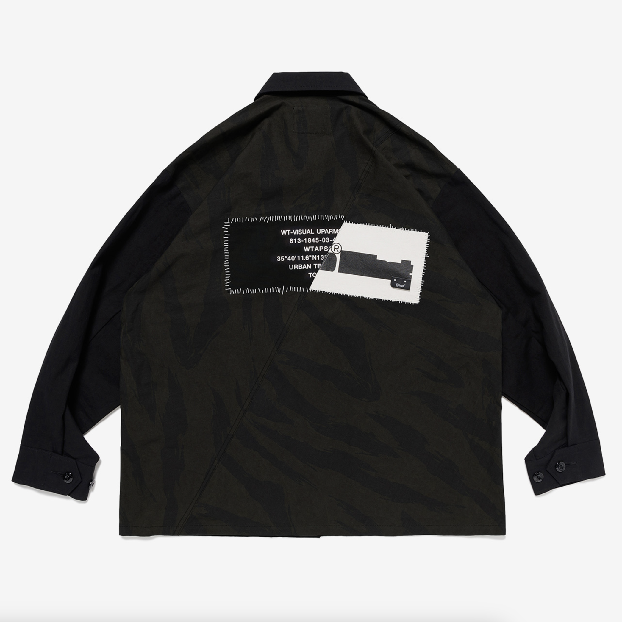 -(B4c02)-WTAPS VEINY / LS / COTTON. TWILL SHIRT 軍風 虎紋 長袖 四袋 拼接 叢林襯衫 黑色/橄欖綠 -251WVDT-SHM03